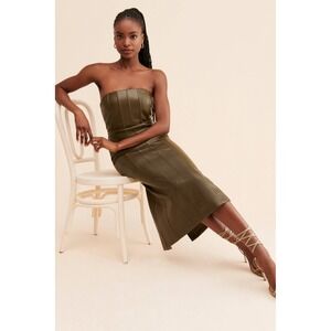 Anthropologie | En Saison Vegan Leather Strapless Midi Dress — Olive‎ —Sz Medium